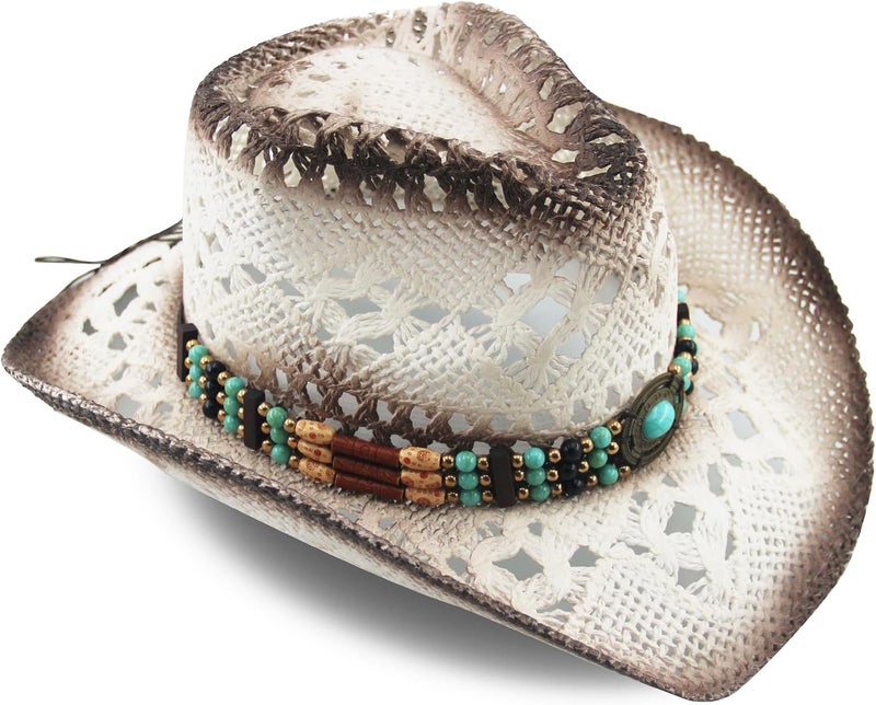 Foeran Men's Women's Straw Cowboy Hat Cowgirl Woven Sun Hat Western Cowboy Hat Two Decorative Bands - Image 3